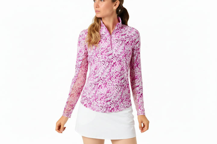 IBKUL Womens Eve Long Sleeve Zip Polo - Yesenia Hot Pink