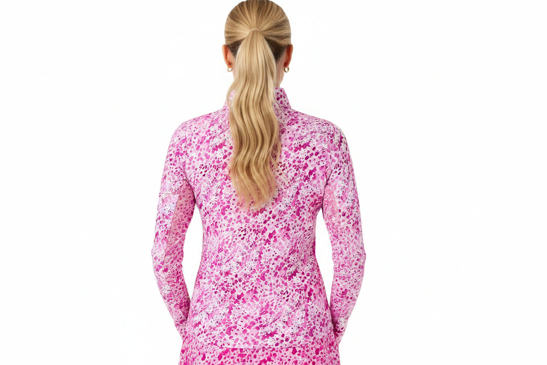 IBKUL Womens Eve Long Sleeve Zip Polo - Yesenia Hot Pink