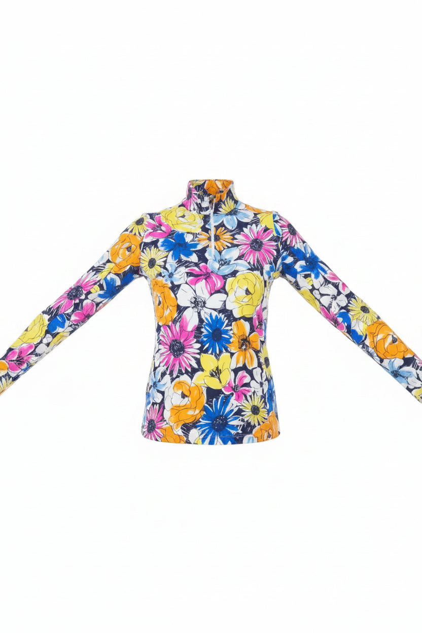 IBKUL Womens Long Sleeve Madeline Floral Zip Mock - Orange/Multi