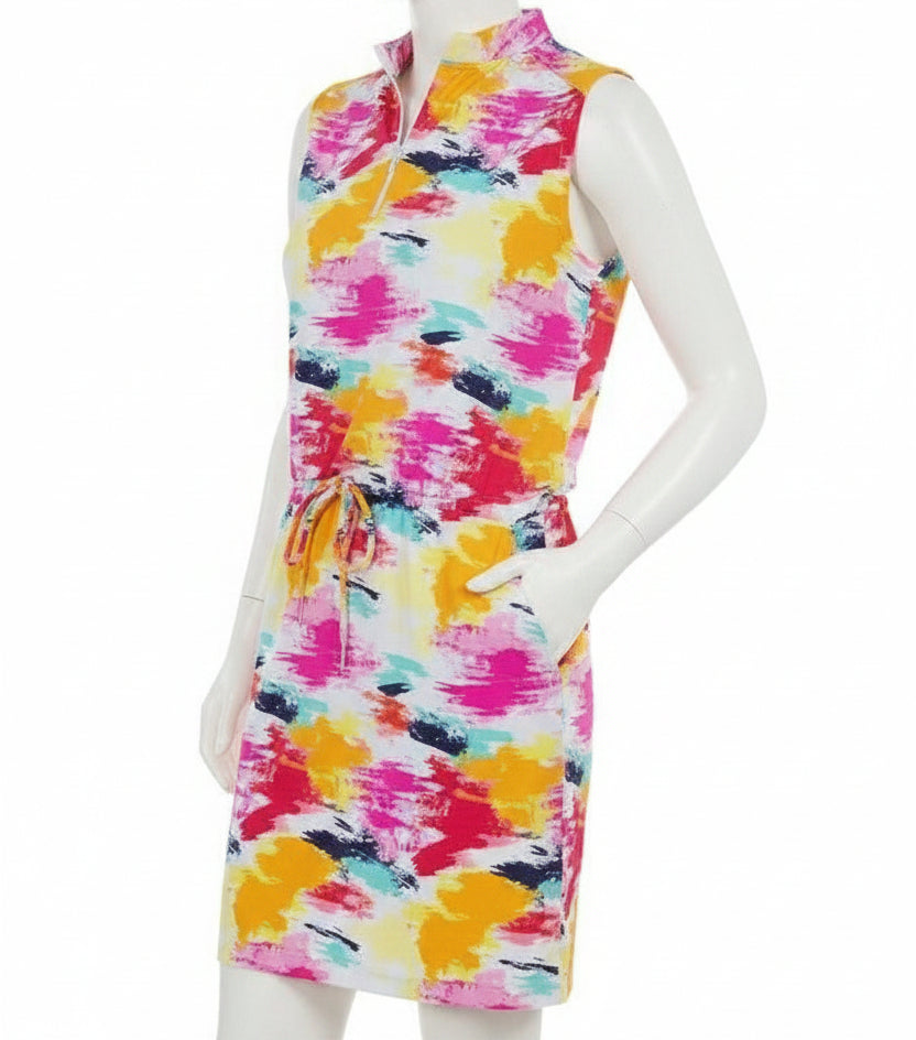 IBKUL Womens Matilda Sleeveless Drawstring Zip Mock Dress - Pink/Multicolored