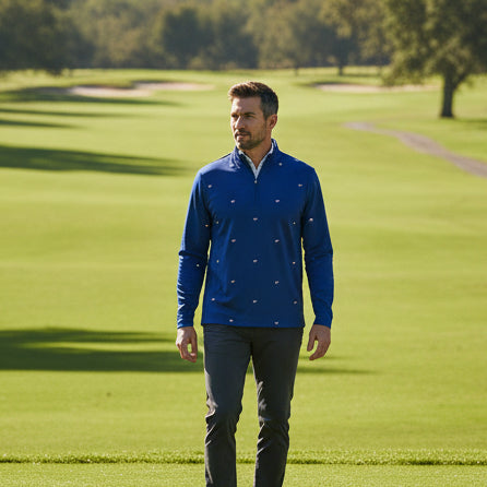 SanSoleil Mens Zip Flag Long Sleeve Mock - Navy/Multi