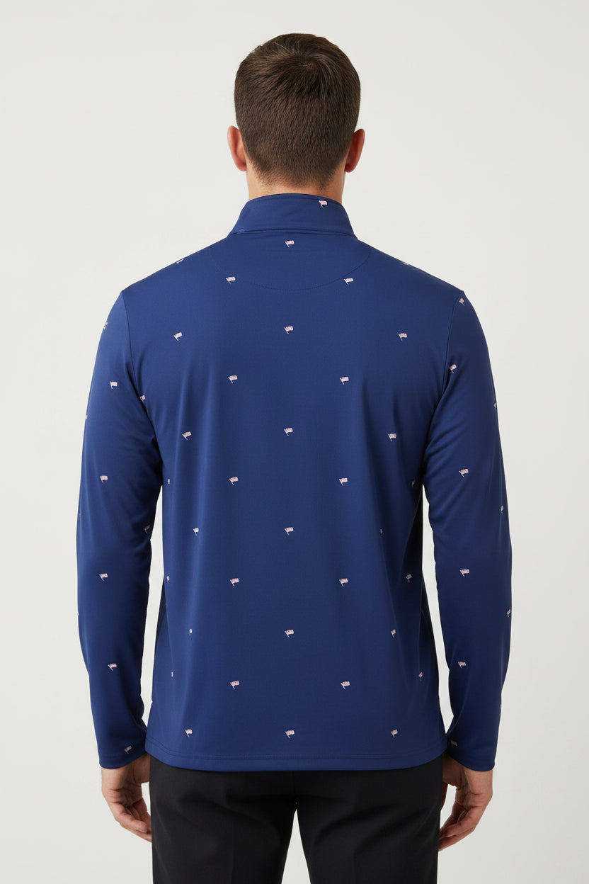 SanSoleil Mens Zip Flag Long Sleeve Mock - Navy/Multi