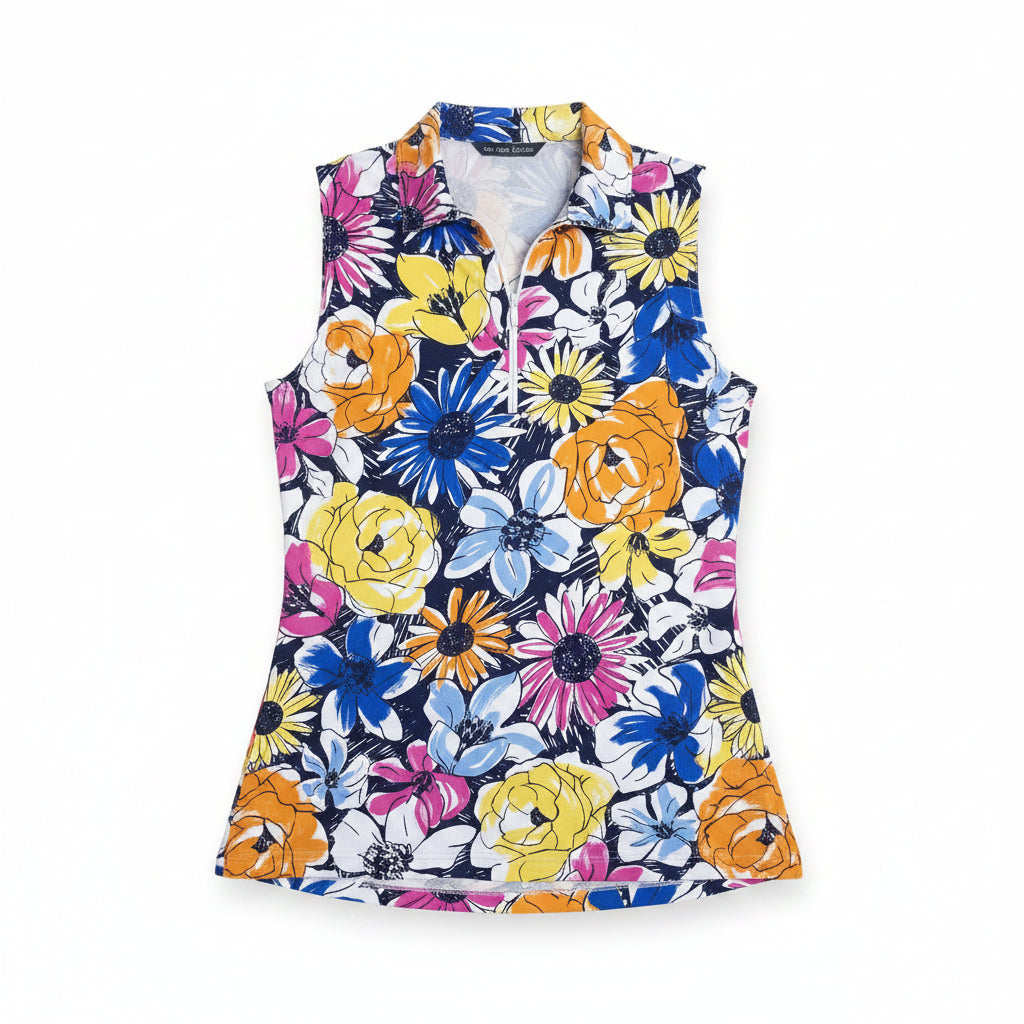IBKUL Womens Valerie Ruffle Sleeveless Zip Polo - Floral Sketch