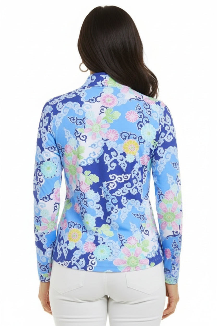 IBKUL Womens Long Sleeve Gia Floral Zip Mock - Blue/Multicolored
