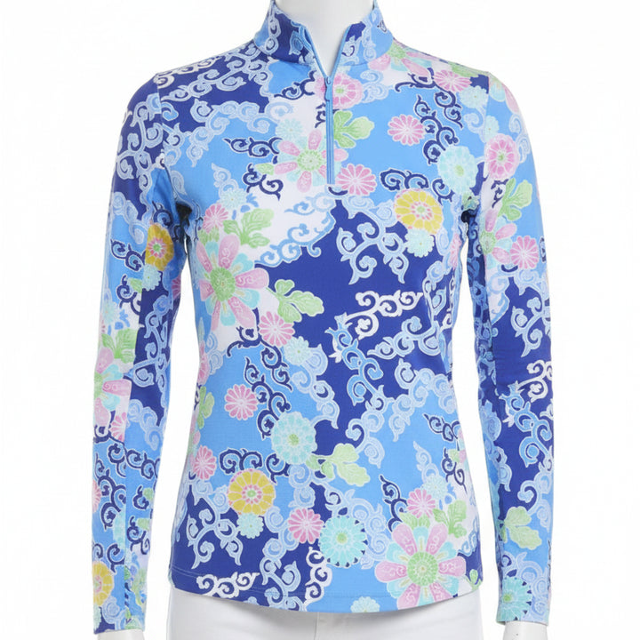 IBKUL Womens Long Sleeve Gia Floral Zip Mock - Blue/Multicolored