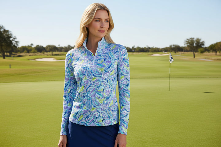 IBKUL Womens Long Sleeve Massie Paisley Zip Mock - Plum/Multi