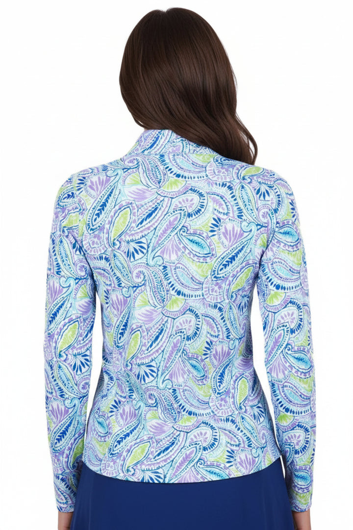 IBKUL Womens Long Sleeve Massie Paisley Zip Mock - Plum/Multi