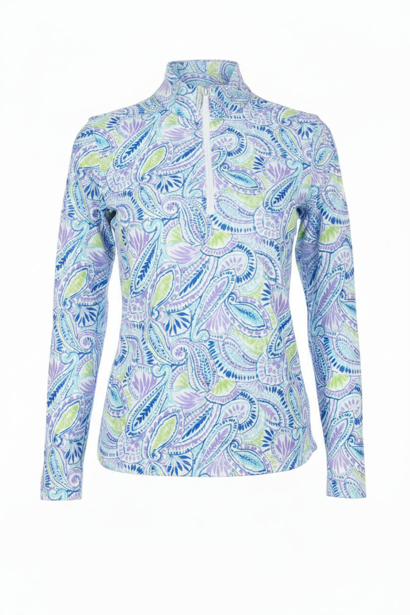 IBKUL Womens Long Sleeve Massie Paisley Zip Mock - Plum/Multi