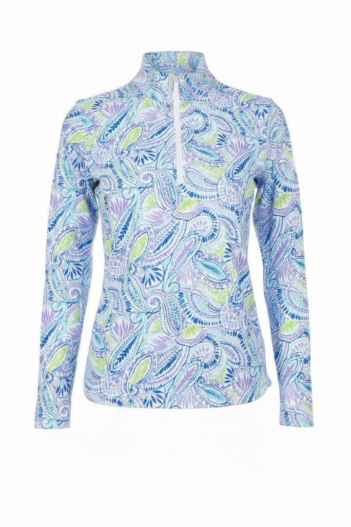 IBKUL Womens Long Sleeve Massie Paisley Zip Mock - Plum/Multi