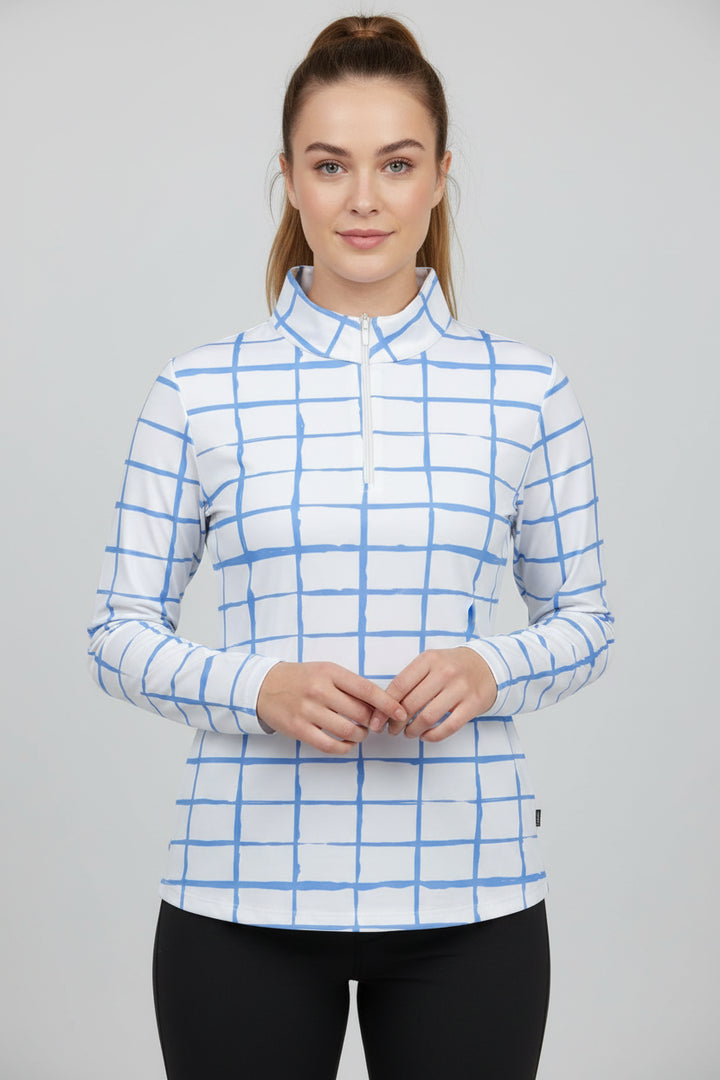 IBKUL Womens Carly Long Sleeve Zip Polo - White/Peri Blue