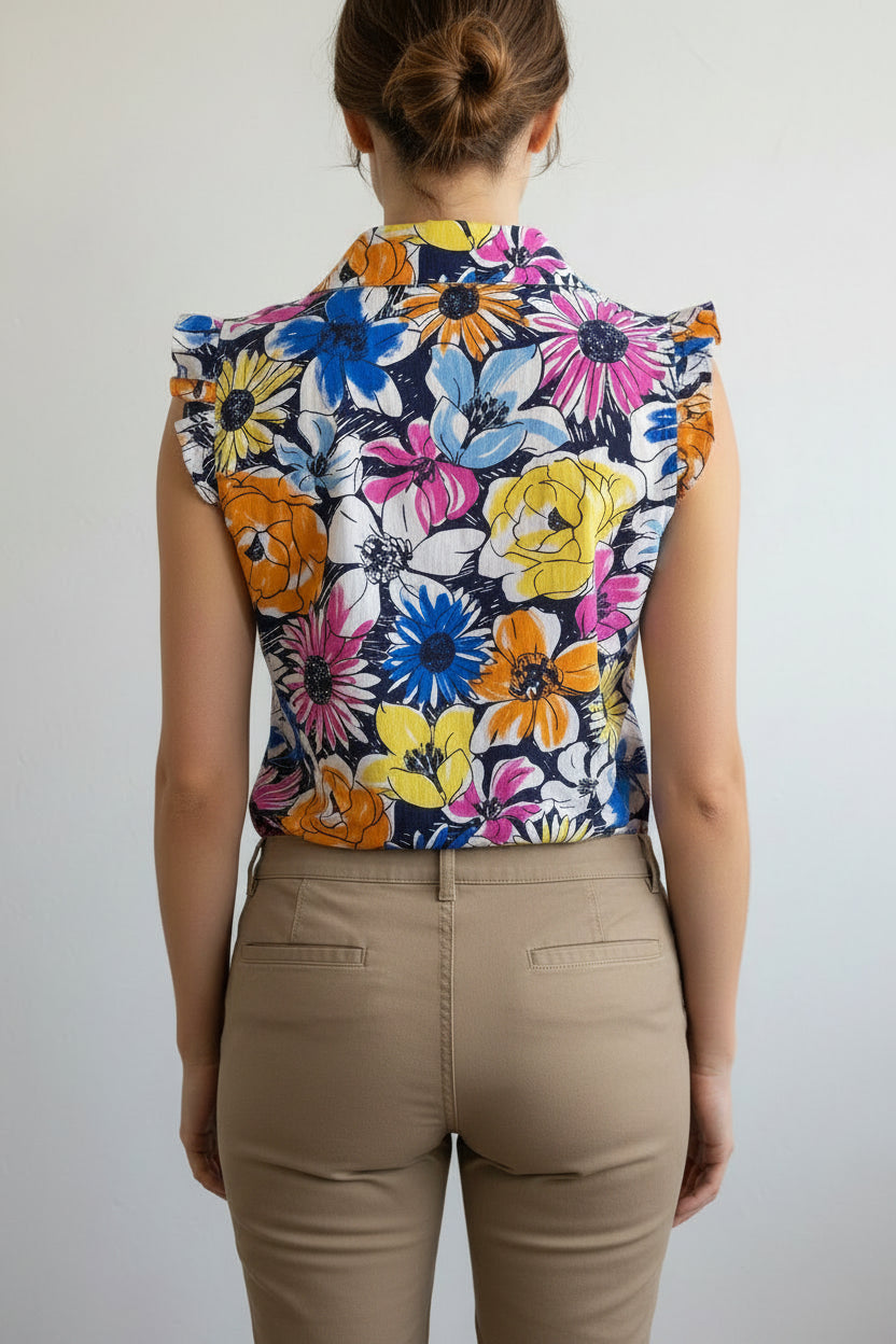 IBKUL Womens Valerie Ruffle Sleeveless Zip Polo - Floral Sketch