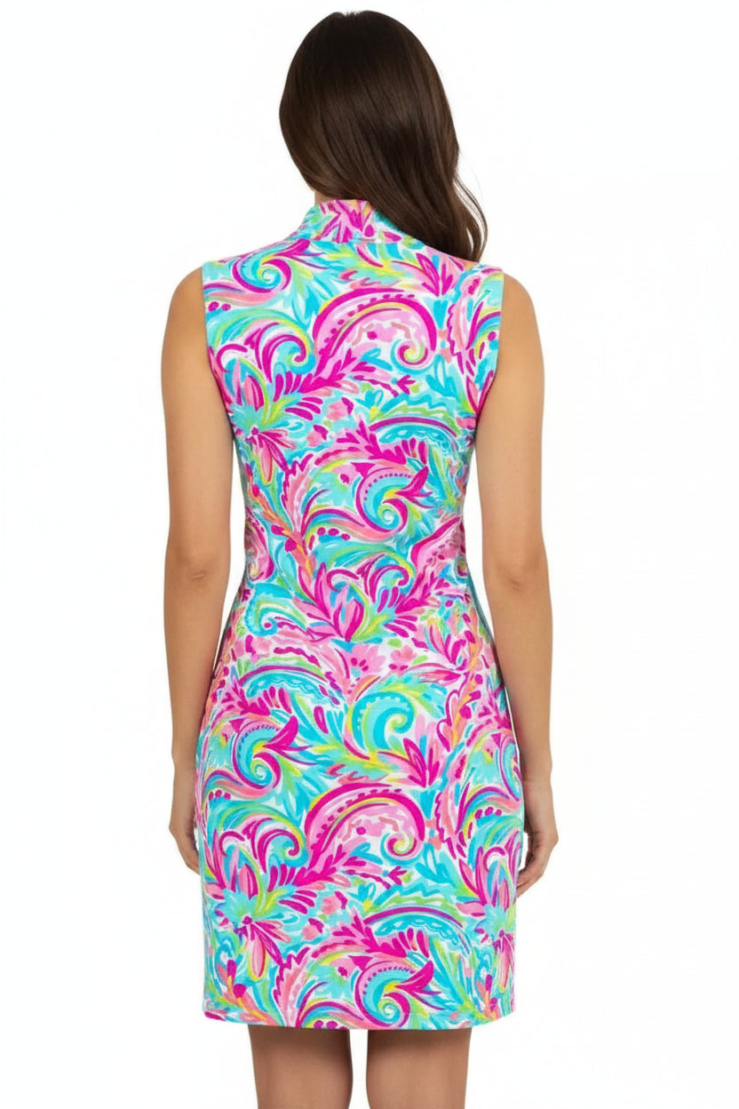 IBKUL Womens Aubrey Sleeveless Zip Mock Dress - Pink/Multicolored