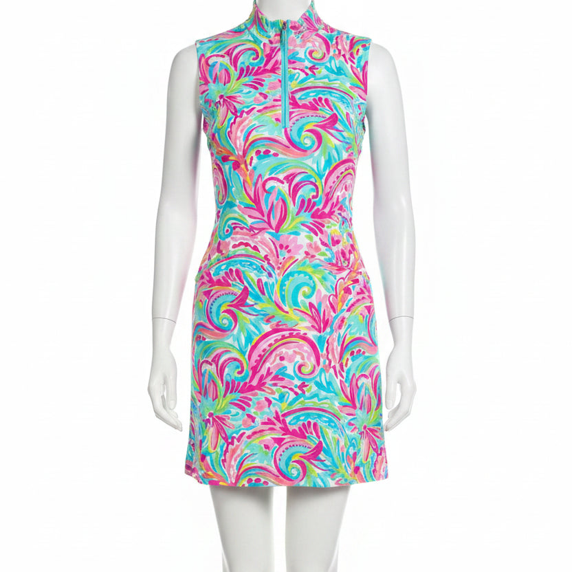 IBKUL Womens Aubrey Sleeveless Zip Mock Dress - Pink/Multicolored