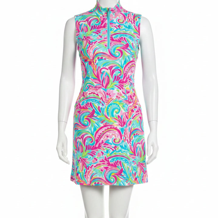 IBKUL Womens Aubrey Sleeveless Zip Mock Dress - Pink/Multicolored