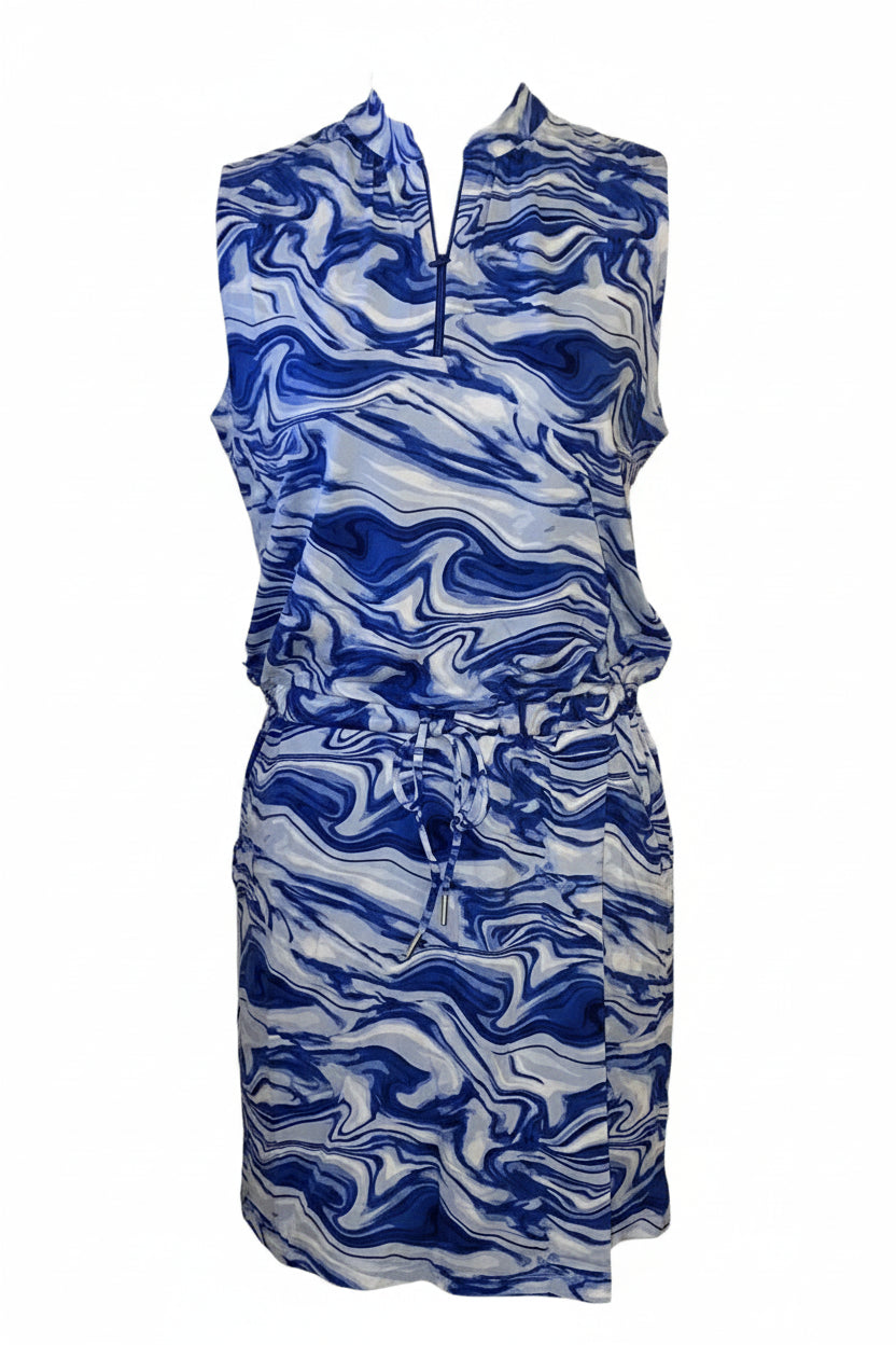 IBKUL Womens Devin Sleeveless Zip Drawstring Dress - Blue/White