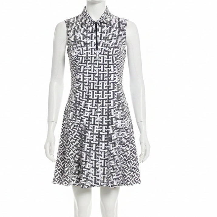 IBKUL Womens Geo Sleeveless Zip Polo Dress - Black/White