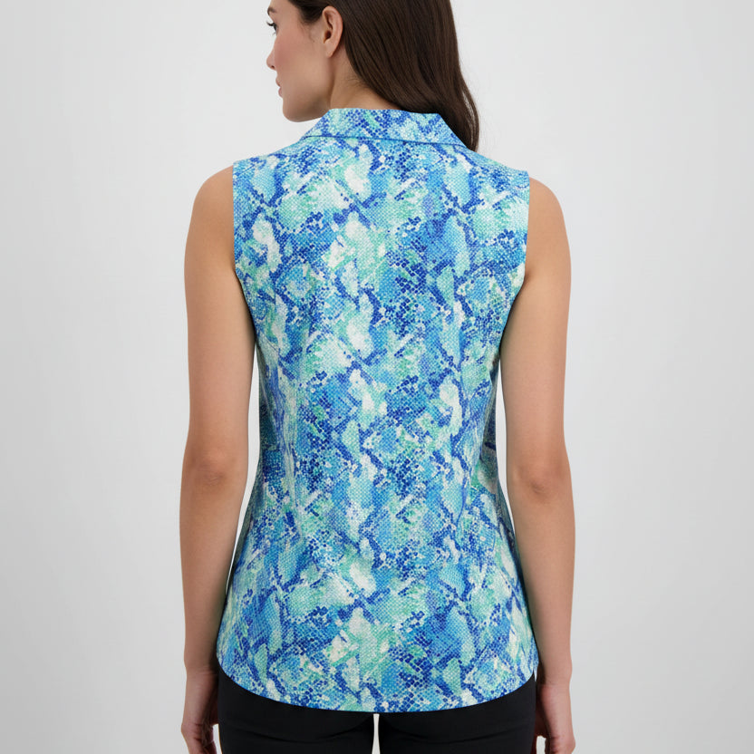 IBKUL Womens Angela Sleeveless Zip Polo - Cobra Jade/Blue