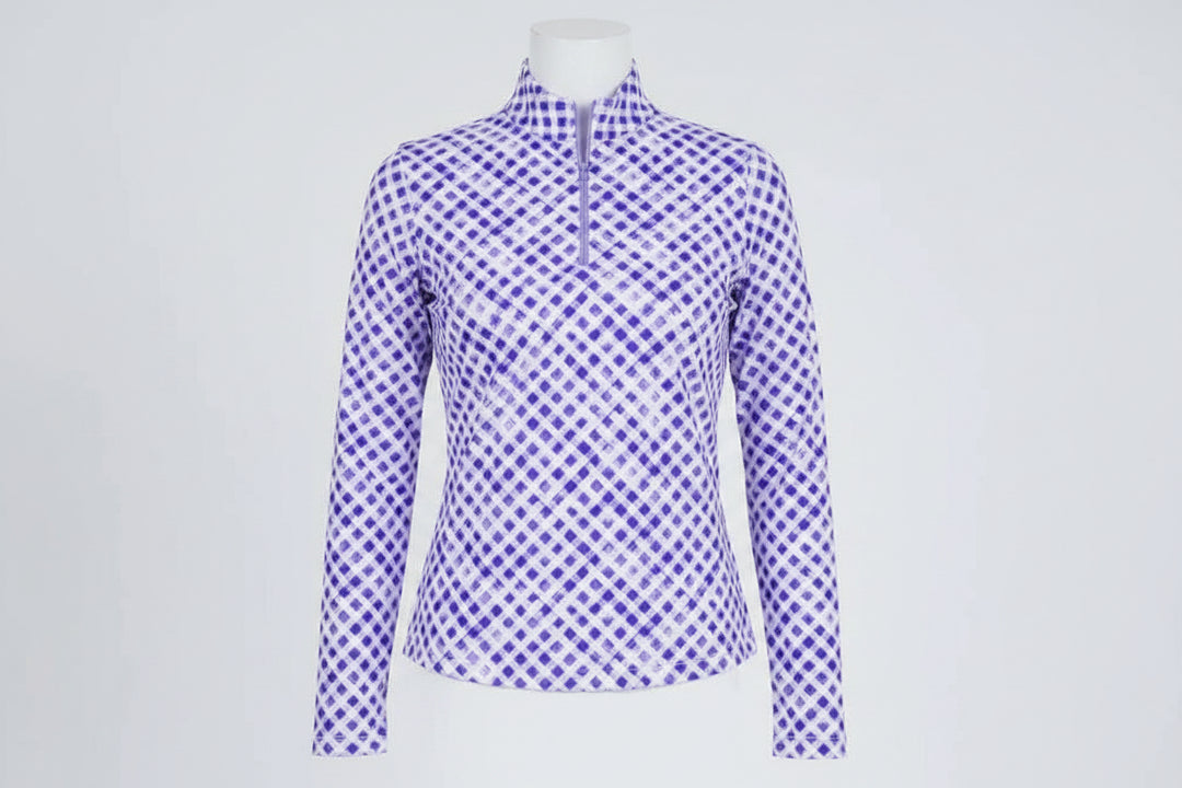 IBKUL Womens Gingham Gia Long Sleeve Zip Mock - Lavender/White