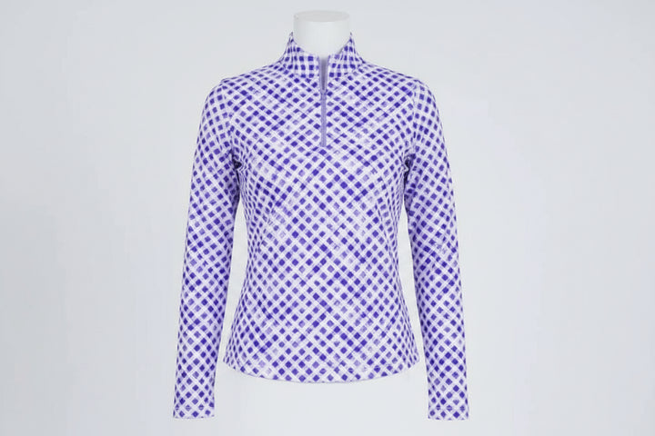 IBKUL Womens Gingham Gia Long Sleeve Zip Mock - Lavender/White