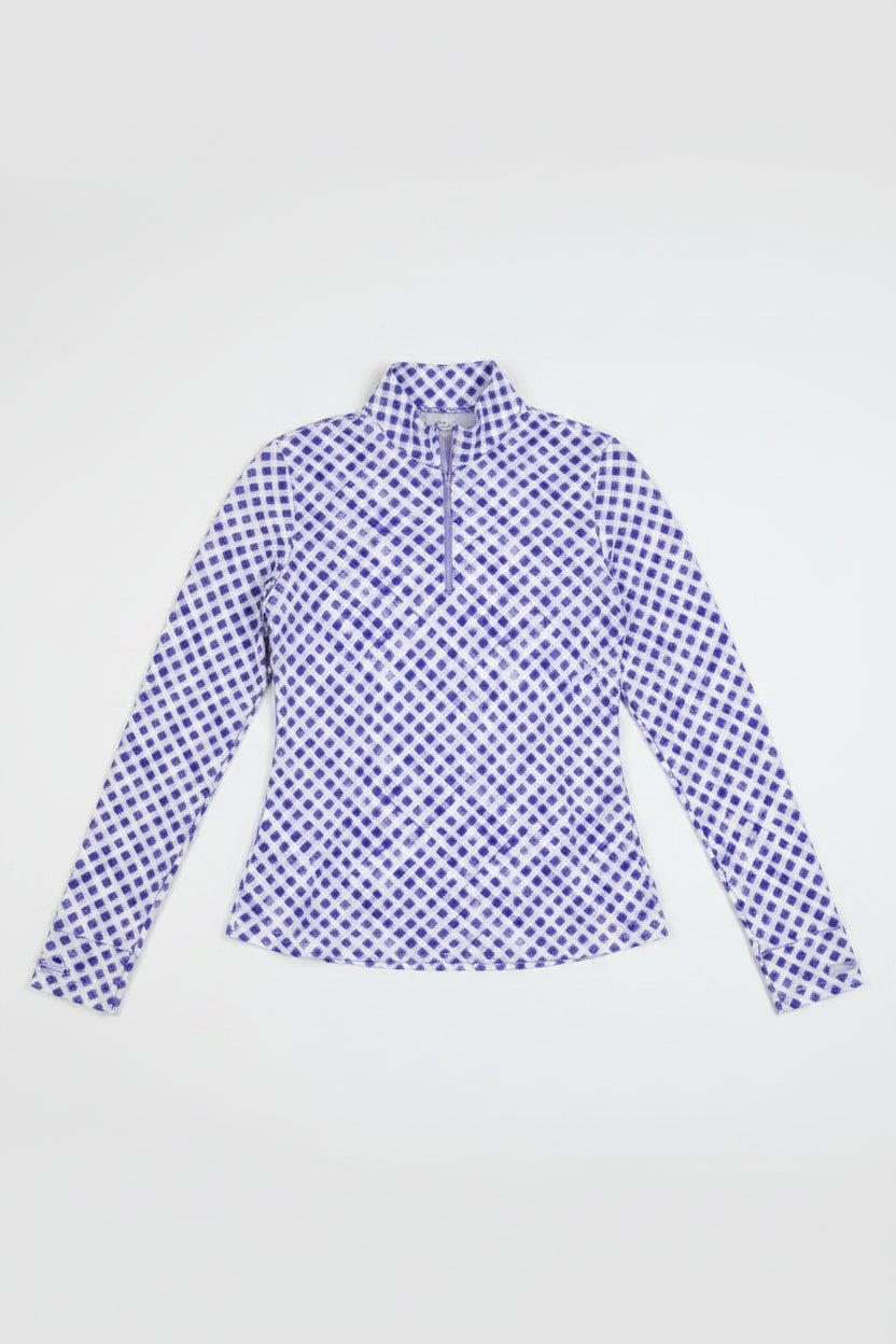 IBKUL Womens Gingham Gia Long Sleeve Zip Mock - Lavender/White