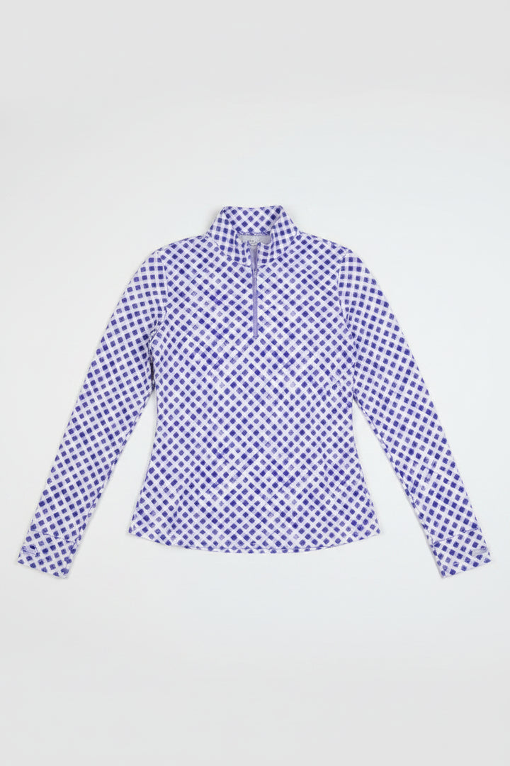 IBKUL Womens Gingham Gia Long Sleeve Zip Mock - Lavender/White