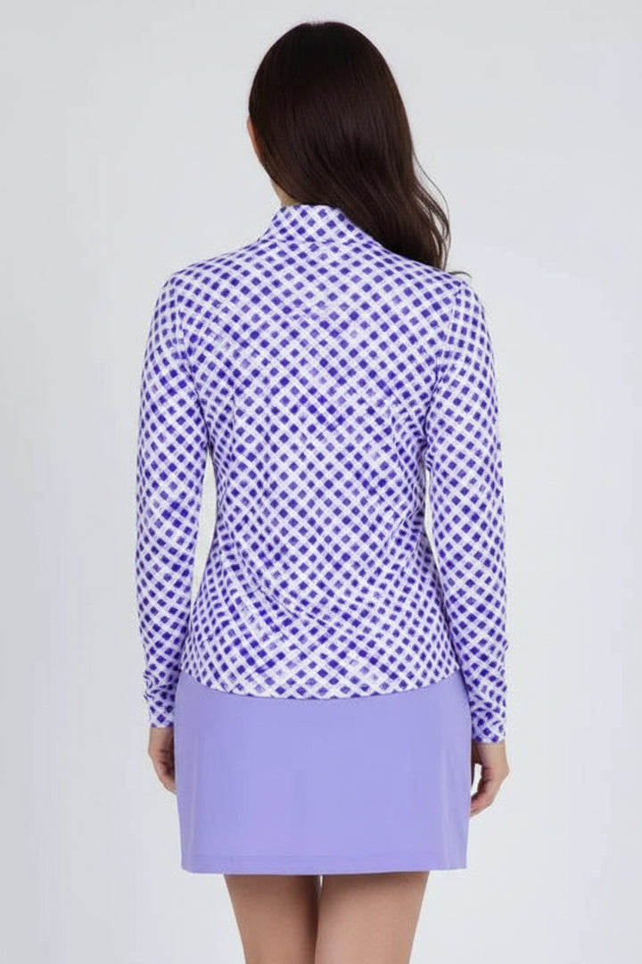 IBKUL Womens Gingham Gia Long Sleeve Zip Mock - Lavender/White