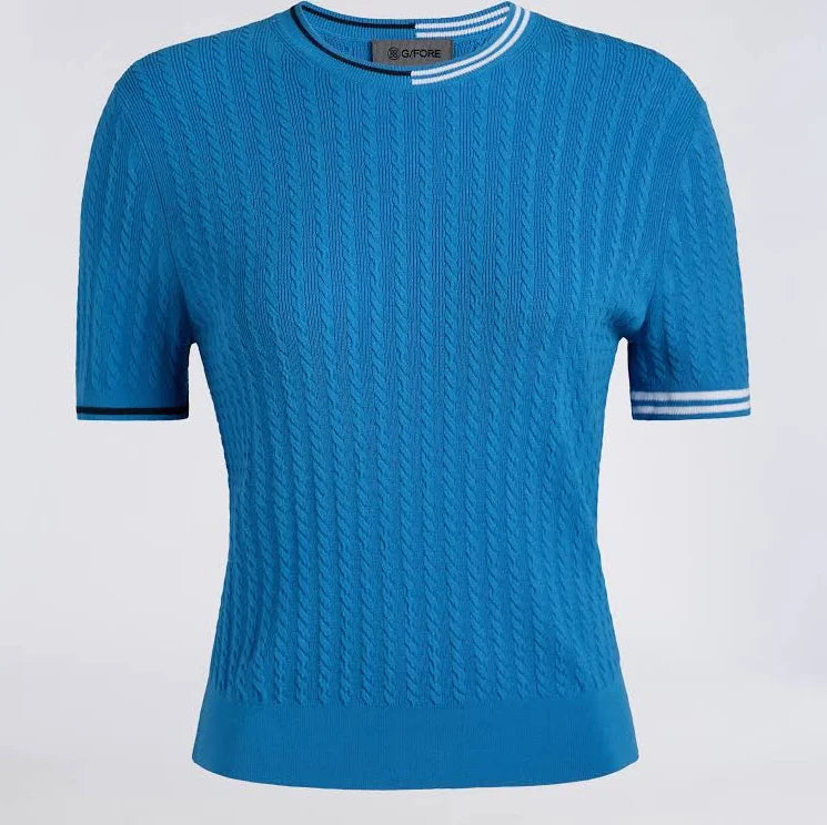 G/FORE Womens Cable Knit Short Sleeve Crewneck Top - Iceberg Blue
