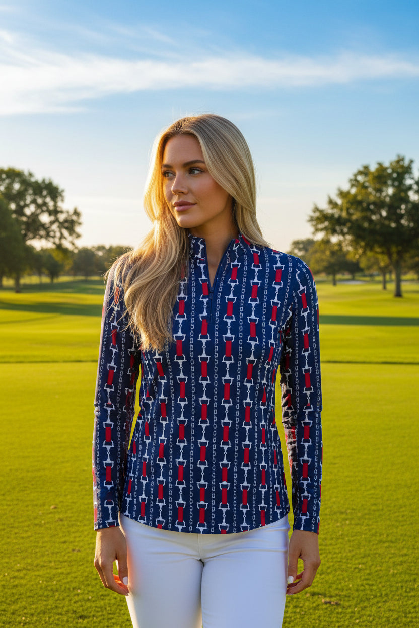 IBKUL Womens Long Sleeve Chain Zip Mock - Navy/Multicolored