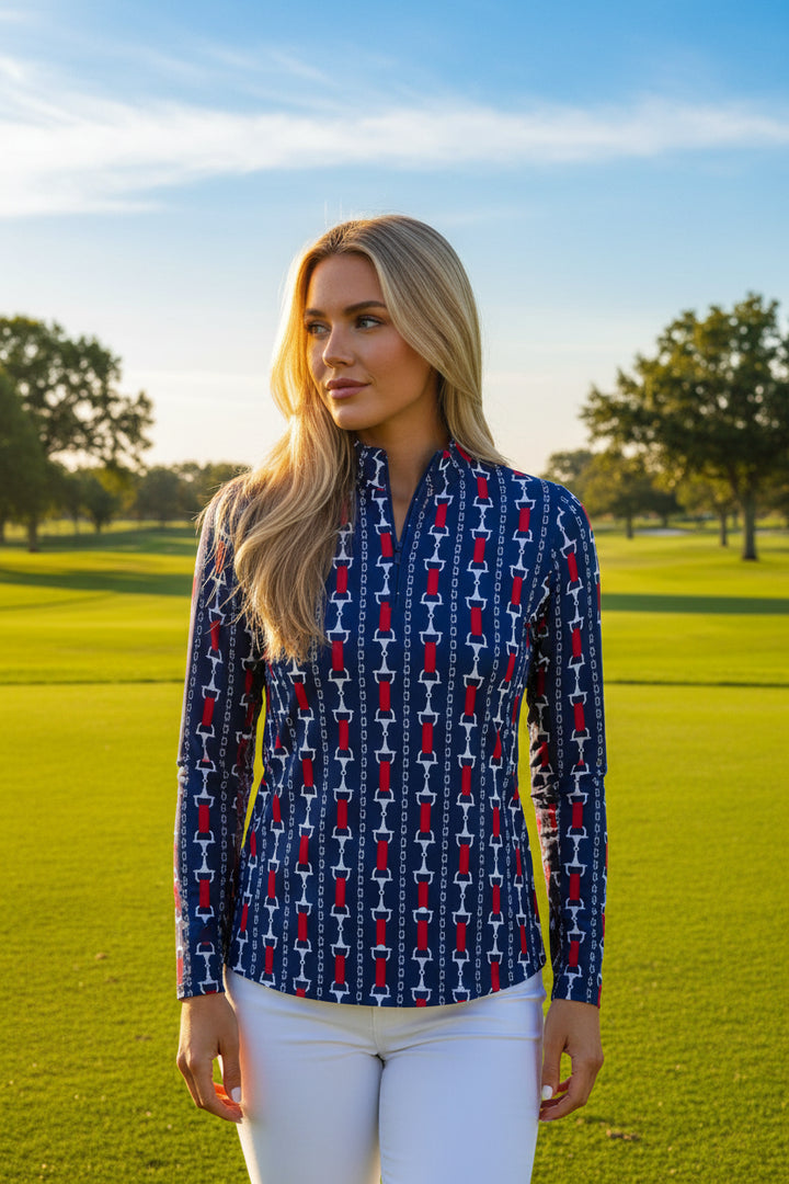 IBKUL Womens Long Sleeve Chain Zip Mock - Navy/Multicolored