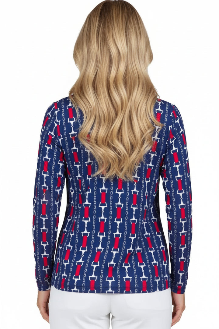 IBKUL Womens Long Sleeve Chain Zip Mock - Navy/Multicolored