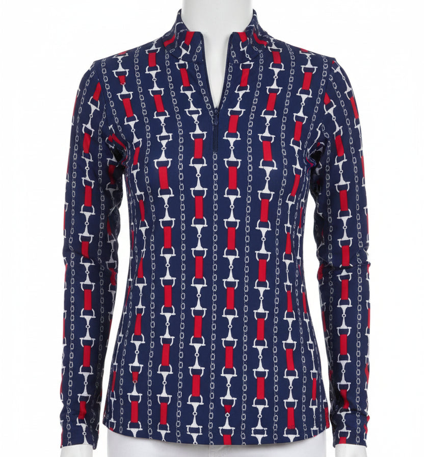 IBKUL Womens Long Sleeve Chain Zip Mock - Navy/Multicolored
