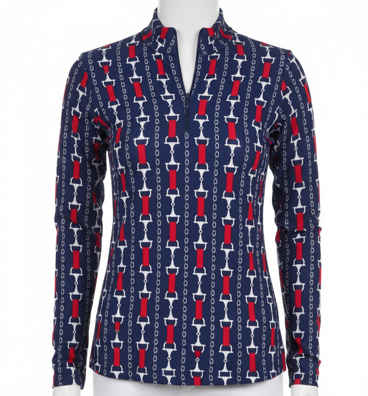 IBKUL Womens Long Sleeve Chain Zip Mock - Navy/Multicolored
