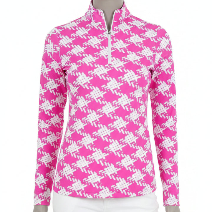 Ibkul Womens Long Sleeve Kimberly Zip Mock - Hot Pink/White