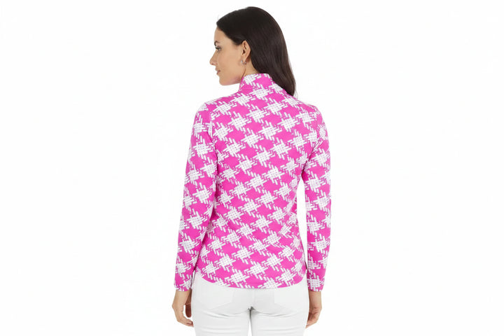 Ibkul Womens Long Sleeve Kimberly Zip Mock - Hot Pink/White