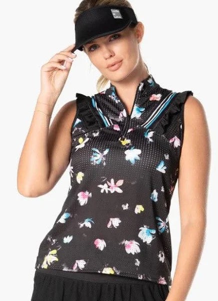 Lucky in Love-Tropical Sublime Zip Tank- Black w/Floral  Small - Skorzie