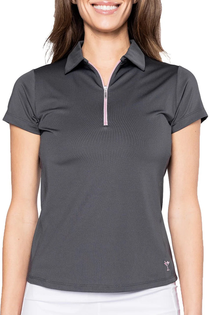 Golftini Womens Short Sleeve Zip Polo - Slate/Rose Pink