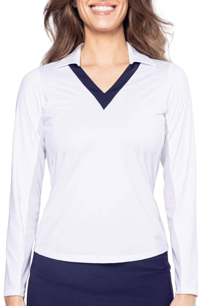 Golftini Womens Long Sleeve Say Yes Polo - White/Navy