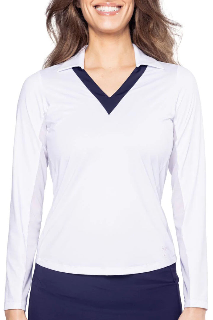 Golftini Womens Long Sleeve Say Yes Polo - White/Navy