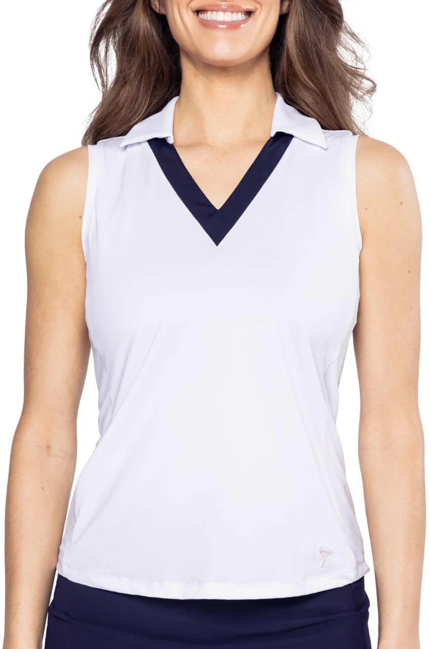 Golftini Womens Say Yes Sleeveless Sport Polo - White/Navy
