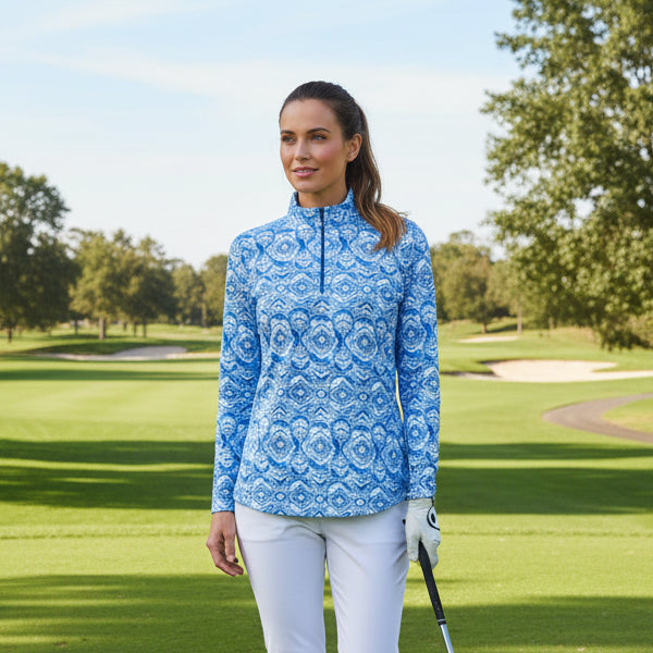 IBKUL Womens Long Sleeve Moroccan Tile Zip Mock - Denim Blue/White