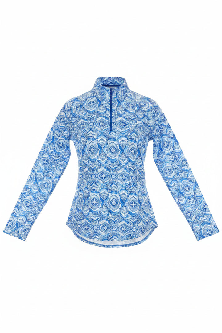 IBKUL Womens Long Sleeve Moroccan Tile Zip Mock - Denim Blue/White