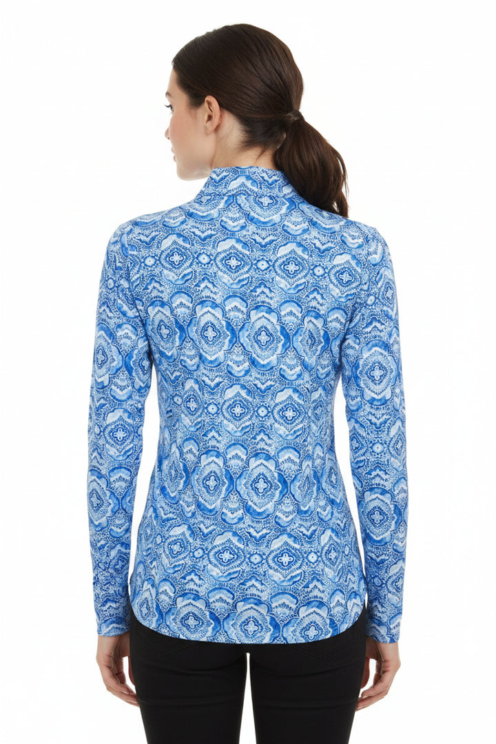 IBKUL Womens Long Sleeve Moroccan Tile Zip Mock - Denim Blue/White