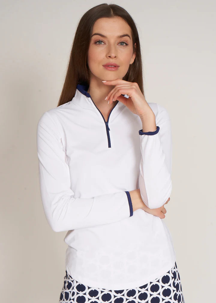 G-Lifestyle Multi Color Block Zip Mock Long Sleeve - White/Navy - Skorzie
