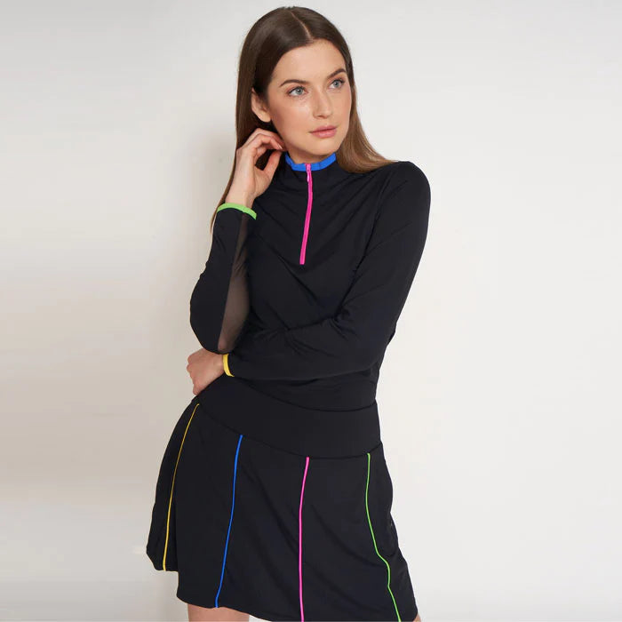 G-Lifestyle Multi Color Block Zip Mock Long Sleeve - Black/Bright Multi - Skorzie