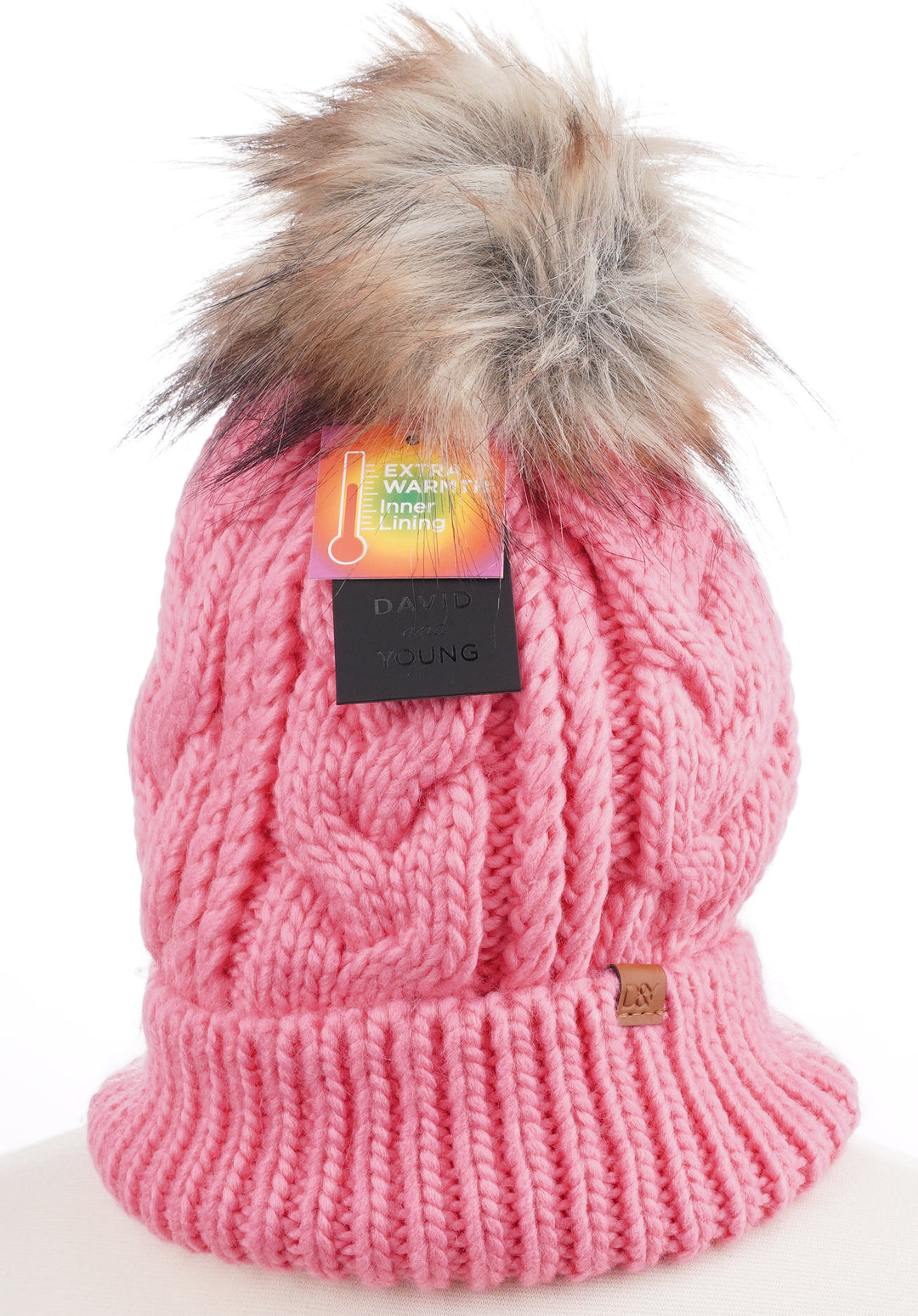 David and Young Braided Knit Beanie with Faux Fur Pom - Pink - Skorzie