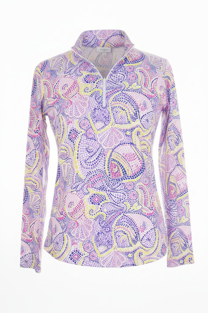 IBKUL Mariel Print Mock Collar Long Sleeve - Blue-Multi - Size Small - Skorzie